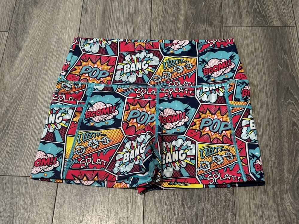 CVG Constantly Varied Gear Shorts Womens Small Multicolor Comic Art Gym Yoga